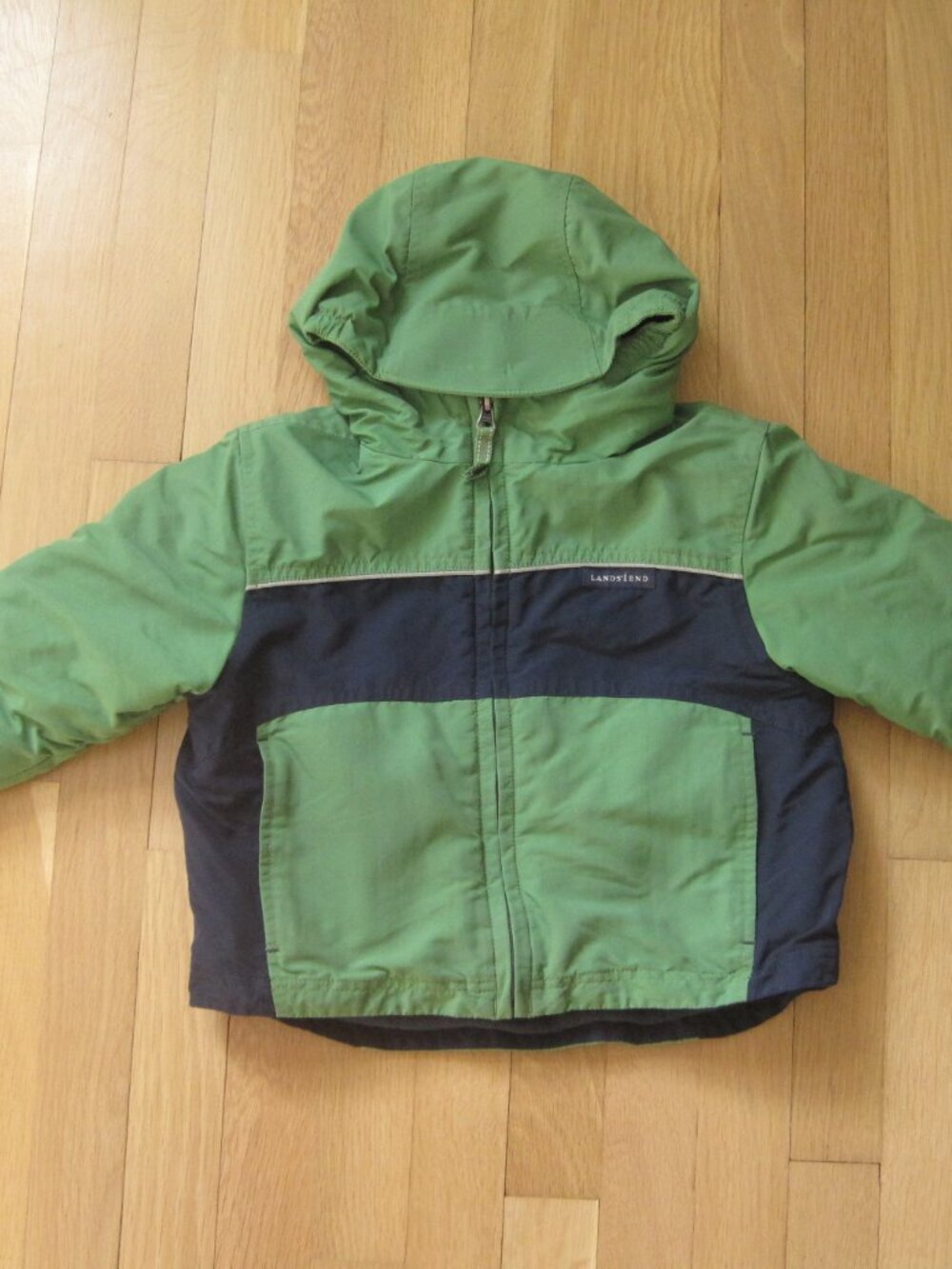 Lands’ End Toddler's Hooded Winter Jacket Size 4T Green Navy Fleeced - Picture 2 of 10